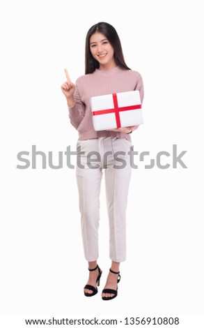 Beautiful Girls teens Red shirt smile get Hold a gift box White Ribbon Red in hand Fresh out get a present glad Give round Happy birthday White backdrop