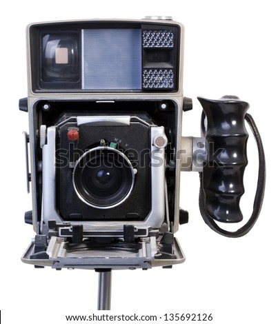 Old fashioned dusty vintage camera isolated on white background. Clipping path included.
