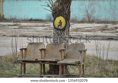 Retro chairs from the old conference room are under the tree. On the tree there is an icon indicating the opportunity to sit down and rest. Old shabby wooden chairs exposed to the street.