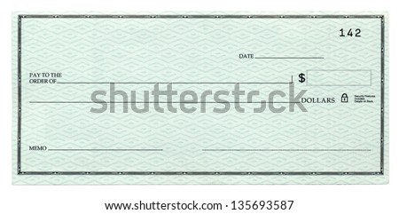 A blank banking check, Isolated on white. Royalty-Free Stock Photo #135693587