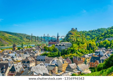 Burg Schonburg above Oberwesel town in Germany Royalty-Free Stock Photo #1356996563