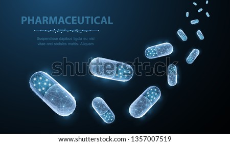 Pills. Abstract polygonal capsule pills falling on blue. Medical, pharmacy, health, vitamin, antibiotic, pharmaceutical, treatment concept illustration or background Royalty-Free Stock Photo #1357007519