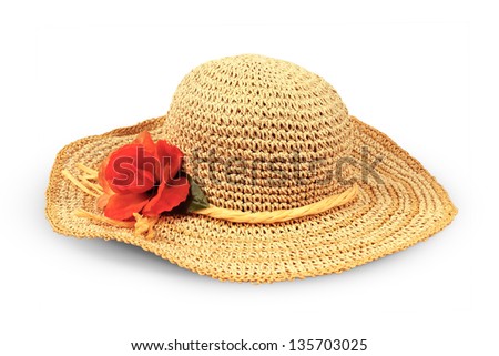 Pretty straw hat with flower on white background Royalty-Free Stock Photo #135703025