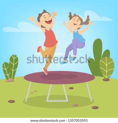 Young boy and girl jumping on trampoline. Summer activity. Happy kids have fun.  illustration in cartoon style