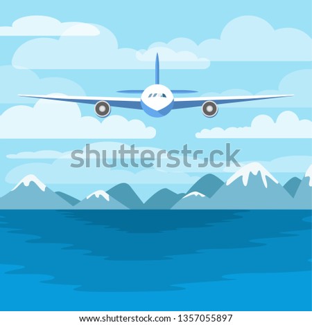 Aircraft flying above the sea. Airplane in the sky and mountains on the background. Flight above the ocean. Flat  illustration