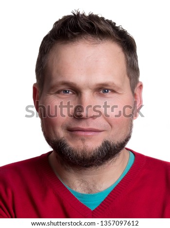 Portrait of bearded man looking at camera isolated on white background. Guy takes photo for passport or for identity card at studio size 3,5 on 4,5