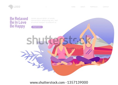 landing page template with Happy Lover Relationship, scenes with romantic couple doing yoga. Characters Valentine day Set. Colorful illustration
