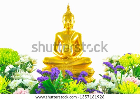 Beautiful golden Buddha statue and colorful flowers for Water blessing ceremony in Songkran Festival or Thai New Year isolated on white background.