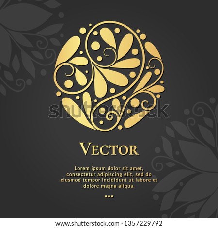 Circle logo design with golden leaves on a black background. Luxury vintage vector template with elegant elements. Can be used as monogram and emblem. Great for invitation or wallpaper.