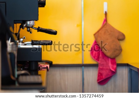 Background coffee maker. Small coffee shop in Nam Nam water pump background.