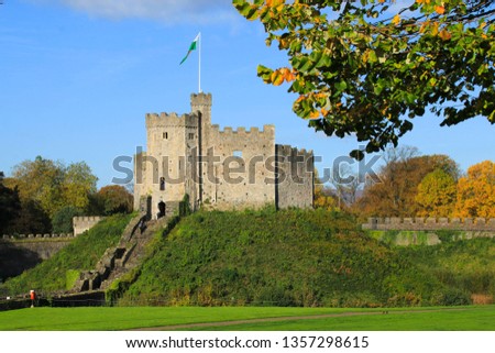 Cardiff Castle exterior in the center of Cardiff in the autumn sunshine
