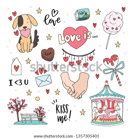 Cute cartoon set with adorable elements on white background, including heart, puppy, hands, carousel, trees and lettering 