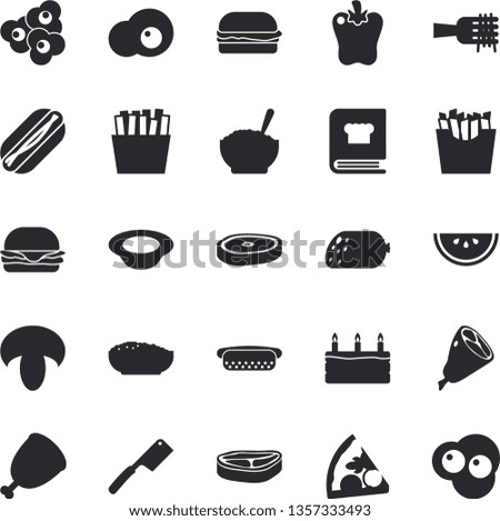 Solid vector icon set - knives flat vector, cookbook, chop, sausage, watermelon, spaghetti on a fork, hamburger, hot dog, pizza, mushroom, cake, dish, porridge, ham, bell pepper, French fries