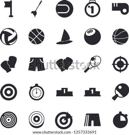 Solid vector icon set - target flat vector, medal, pedestal, bowling ball, basketball, volleyball, stopwatch, athletic shorts, sports flag, tennis, boxing gloves, table, whistle, fector, golf