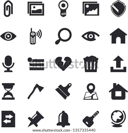 Solid vector icon set - putty knife flat vector, ax, house, phone call, security fector, bell, gallery, menu, upload, file sharing, clip, hourglass, drawing pin, magnifier, trash can, microphone