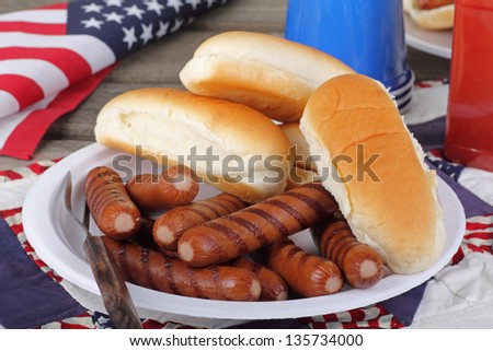 Pile of grilled hot dogs and buns on a plate with american flag in background