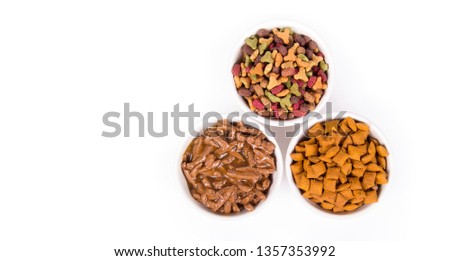 Various cat food. Dry and wet cat food. Copy space. Treats for cats