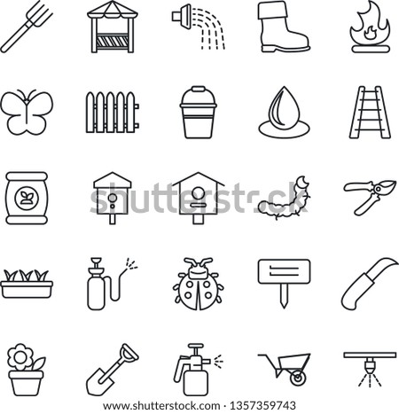 Thin Line Icon Set - flower in pot vector, shovel, farm fork, fence, ladder, wheelbarrow, bucket, watering, pruner, boot, butterfly, lady bug, fire, seedling, water drop, garden knife, plant label