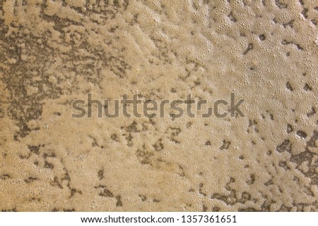 white foam bubbles on dirty dark gray water surface, top view. rough surface texture