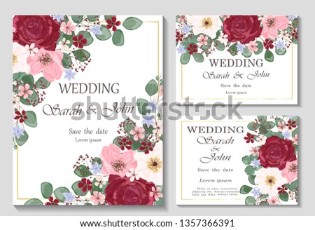 Wedding invitation with Rose flower, watercolor, isolated on white.   