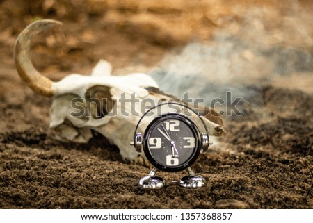 Black alarm clock time numbers and time needle white place put on the ground gravel in the garden with cow horn or cow skull and smoke as background.