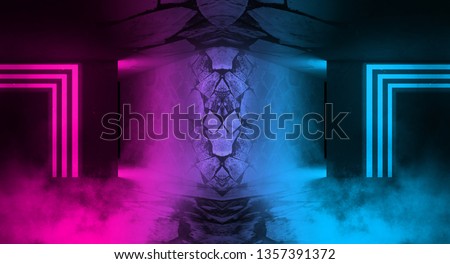 Background of empty room with concrete pavement. Spotlight light, multicolored neon light, reflection on tile. Laser lines, figures, smoke, smog