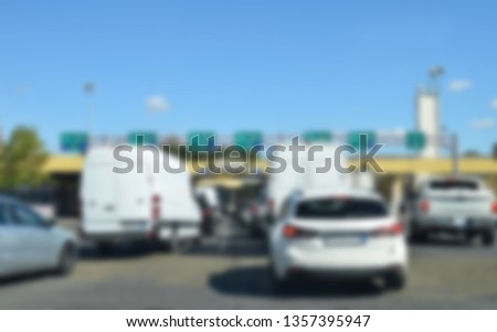 Blurred background. Border Control Between Romania and Hungary From Romania Side. Queue of trucks passing the border.