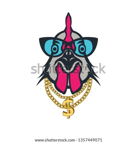rooster with gold chain in glasses. Colored print for t-shirt and another, trendy apparel design. Vector illustrations  