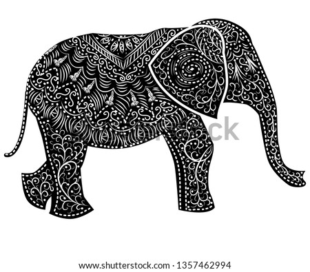 Stylized fantasy patterned elephant. Hand drawn illustration. separately from backdrop