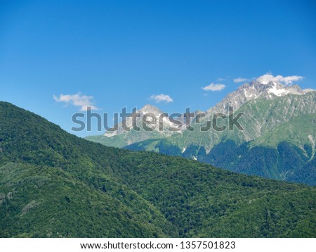 High mountain range with snowy peaks, with slopes overgrown with forest, against the background of bright blue sky. Nature background. Green mountain forest in summer.