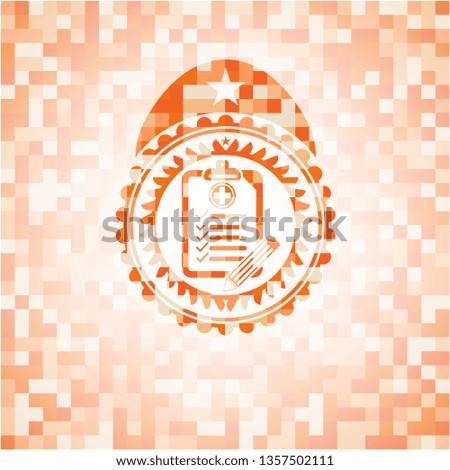 clinic history icon inside abstract emblem, orange mosaic background