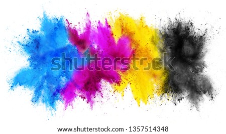 colorful CMYK cyan magenta yellow key holi paint color powder explosion print concept isolated on white background Royalty-Free Stock Photo #1357514348