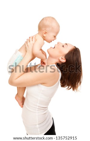 Picture of happy mother with adorable baby isolated on white