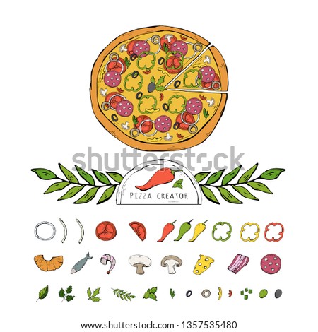 Vector pizza set,collection isolated on a white background. Pizza ingredient clip art collection .Italian food Fast food object clip art in hand drawn style design