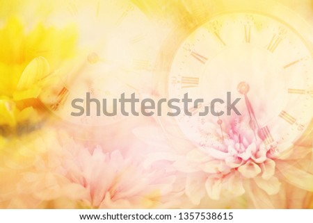 A layered horizontal photography image of clocks, time peaces, pocket watch layered in pink and yellow flowers. 