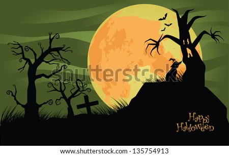 Creepy Halloween background with trees and cat. EPS 10 vector, grouped for easy editing. No open shapes or paths.
