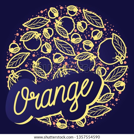 Orange vector circle pattern with lettering. Funny doodle healthy food on a dark background.