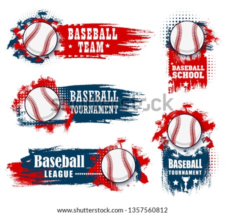 Baseball sport banners with halftone blue and red background. Vector baseball sport championship cup, college team tournament and university league flag with softball ball and champion stars