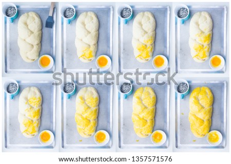 Egg washing   brushed on homemade braided challah, composite composition of the sequence