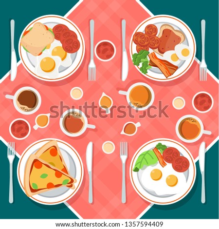 Vector breakfast concept set with food and drinks with flat icons in composition. Breakfast composition sandwich and omelette, juce, breakfast food bakery illustration