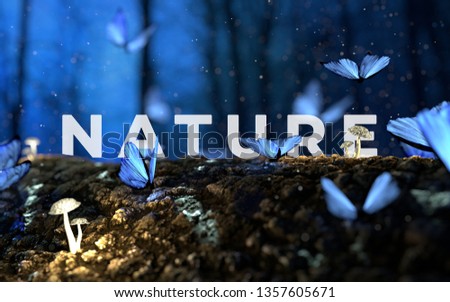 A picture of word nature with beautiful blue butterflies on the ground.