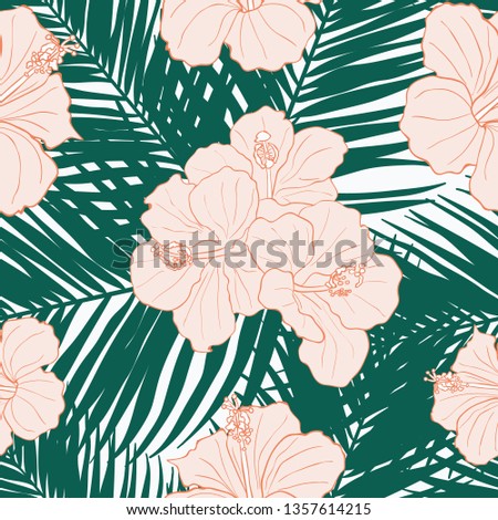Tropical floral leaves palm leaves, hibiscus flower seamless pattern background. Exotic jungle wrapping paper. Beautiful print with hand drawn exotic plants.