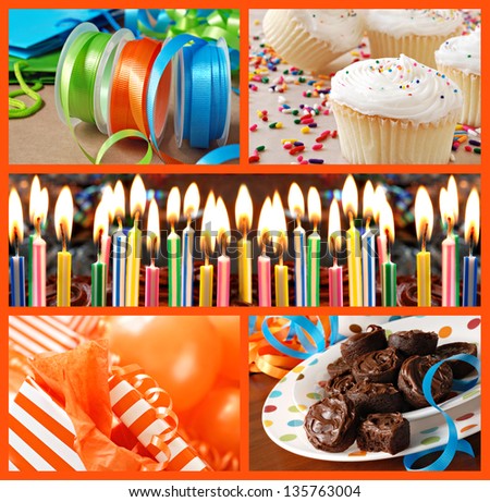 Colorful birthday celebration collage (includes closeup of frosted cake with burning candles, gifts, ribbons, balloons, cupcakes, and frosted brownies).