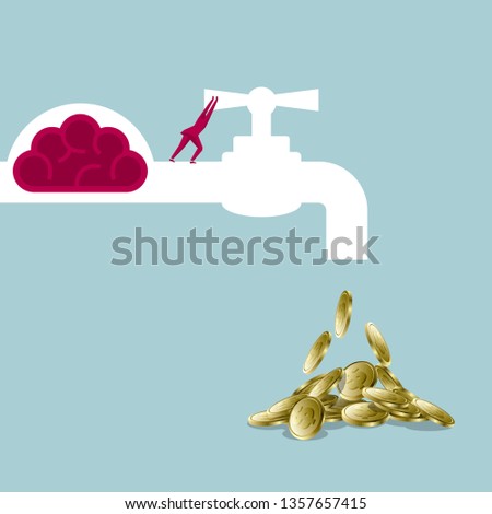 The concept of integration.Businessman closes the faucet.Isolated on blue background.	