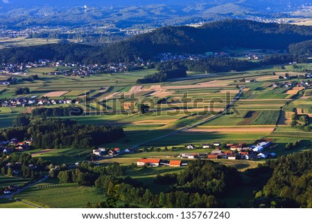 Village and fields under the Smarna gora mountain, Slovenia