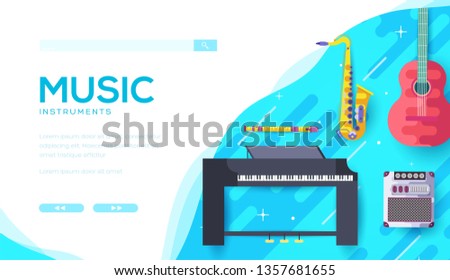 Music instruments online store landing page template. Jazz festival vector web banner design. Classics, rock concert flat website homepage. Acoustic guitar, piano cartoon illustration with text space