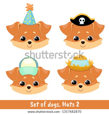 Set of four dogs with different headdresses - a festive cap, a pirate hat, a cap with visor, a straw hat with a ribbon. Color image of a pets.Vector illustration for coloring book, stencil, design.