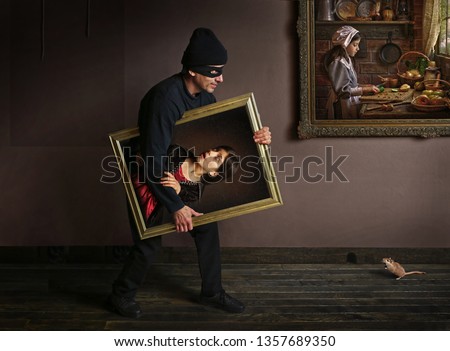 Thief in museum. Surrealistic image with painting comes to be alive. Royalty-Free Stock Photo #1357689350