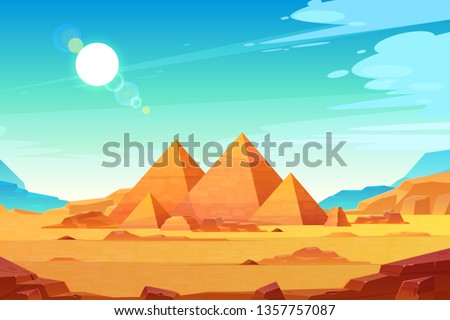 Giza plateau landscape with egyptian pharaohs pyramids complex illuminated with bright sunlight cartoon vector background. Ancient historical, famous touristic attractions in african desert Royalty-Free Stock Photo #1357757087