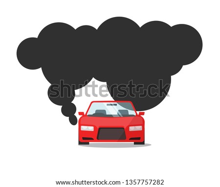 Emission CO2 of automobile fuel vector illustration, flat cartoon car with big smoke cloud gas, concept of carbon pollution